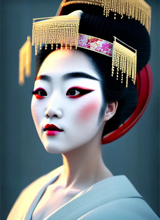 Prompt: Geisha photo portrait, beautiful makeup, pearlescent skin, elegant pose, highly detailed kimono, photorealism, artstation, different point of view, sharp focus, photorealistic, soft diffuse lights, canon 5D 50 mm lens