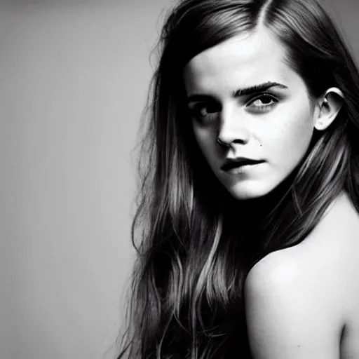 Image similar to Emma Watson closeup face shoulders very long hair hair slightly open lips Vogue fashion shoot by Peter Lindbergh fashion poses detailed professional studio lighting dramatic shadows professional photograph by Cecil Beaton, Lee Miller, Irving Penn, David Bailey, Corinne Day, Patrick Demarchelier, Nick Knight, Herb Ritts, Mario Testino, Tim Walker, Bruce Weber, Edward Steichen, Albert Watson