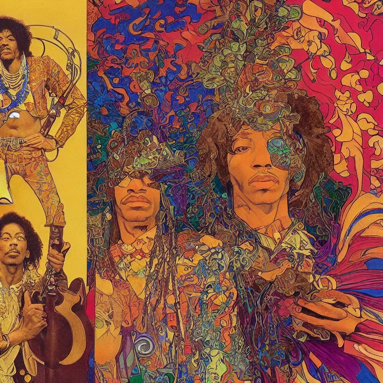 Image similar to colorfull artwork by Franklin Booth and Alphonse Mucha and Mati Klarwein showing a portrait of Jimi Hendrix as a futuristic space shaman