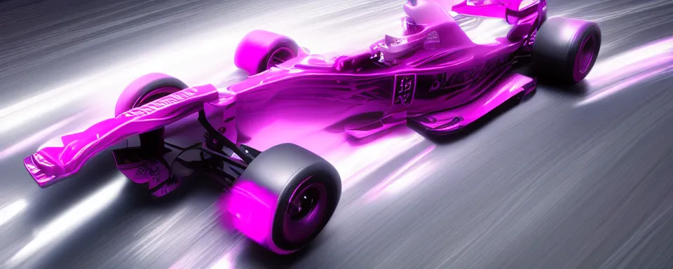 Prompt: abstract illustration of a formula one car, synthwave, purple and pink, motion blur, light streaks, octane render