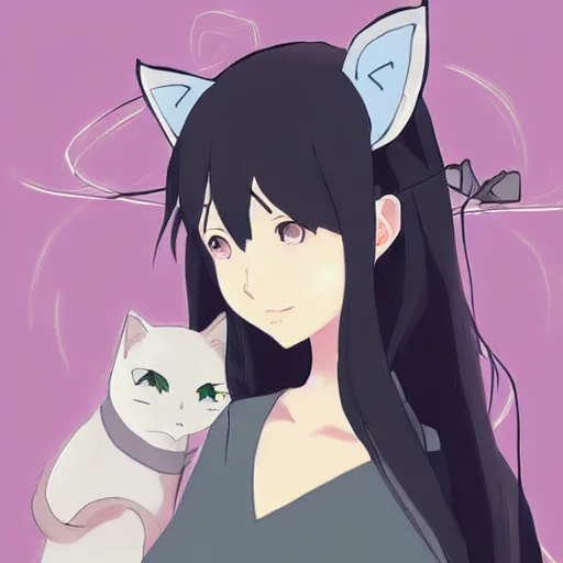 Prompt: anime girl with cat ears in the style of mona lisa, anime girl, anime art, digital art, by makoto shinkai, by studio ghibli, neko, cat ears