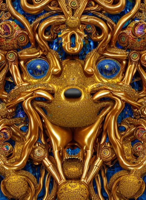 Prompt: a magnificent being with multiple eyes and organic limbs made of colorful crystals light and golden baroque ornaments by alex gray, 3D, 8k resolution