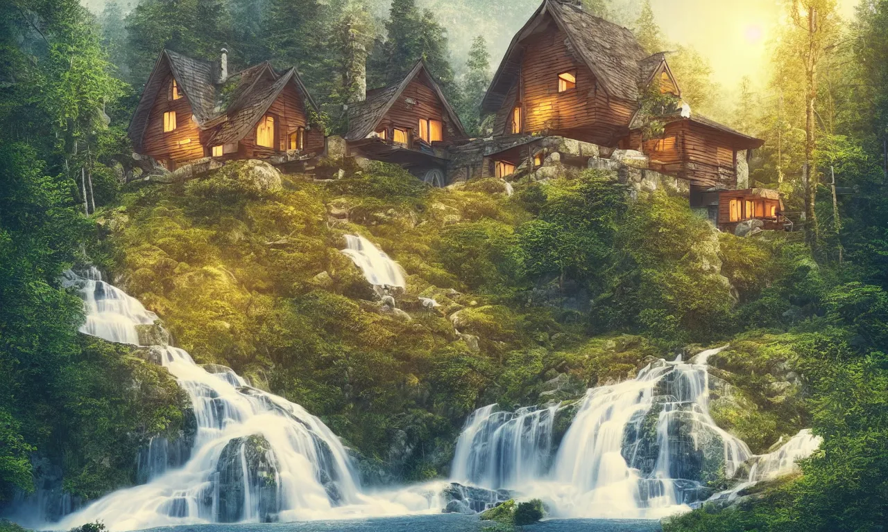 Image similar to scandinavian house in the forest on a hill, a waterfall flows down from the mountain in the background, vector art, fabulous, global illumination, warm lighting, by jordan grimmer