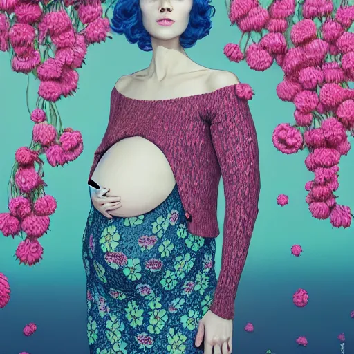 Image similar to pretty pregnant model with flowers : : by martine johanna and simon stalenhag and chie yoshii and casey weldon and wlop : : ornate, dynamic, particulate, rich colors, intricate, elegant, highly detailed, vogue, harper's bazaar art, fashion magazine, smooth, sharp focus, 8 k, octane render