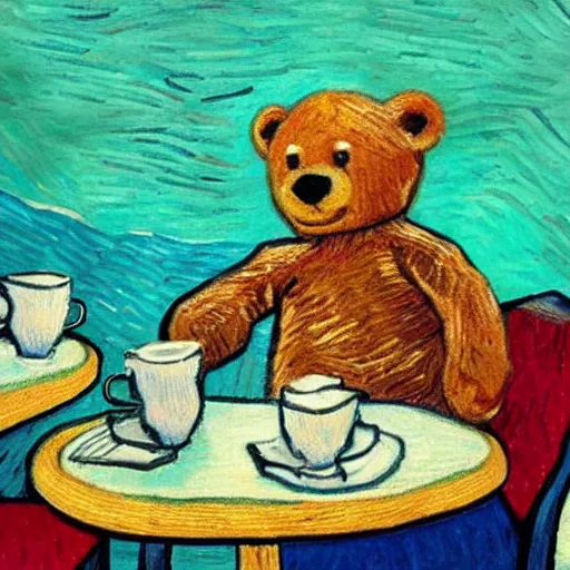 Image similar to teddy bears having a coffe break in a diner in the style of van gogh