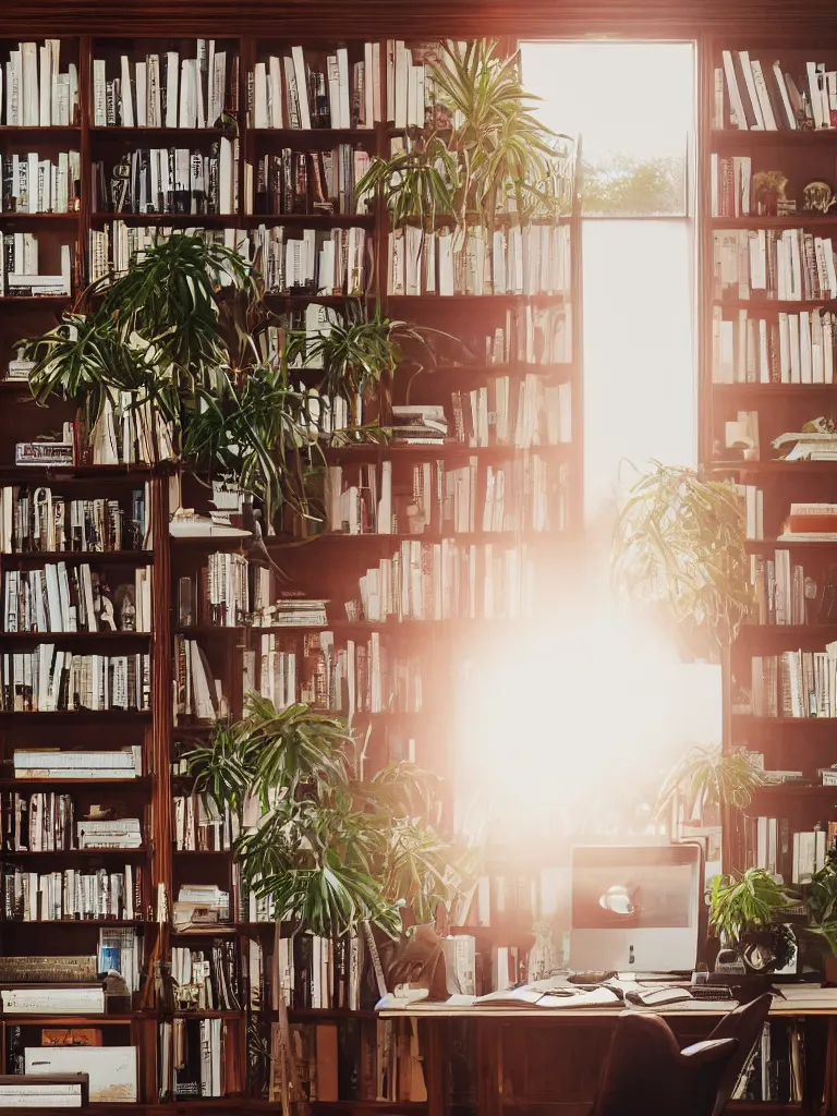 Image similar to A beautiful office room with mahogany bookcases and many beautiful plants and sunset light coming through the windows