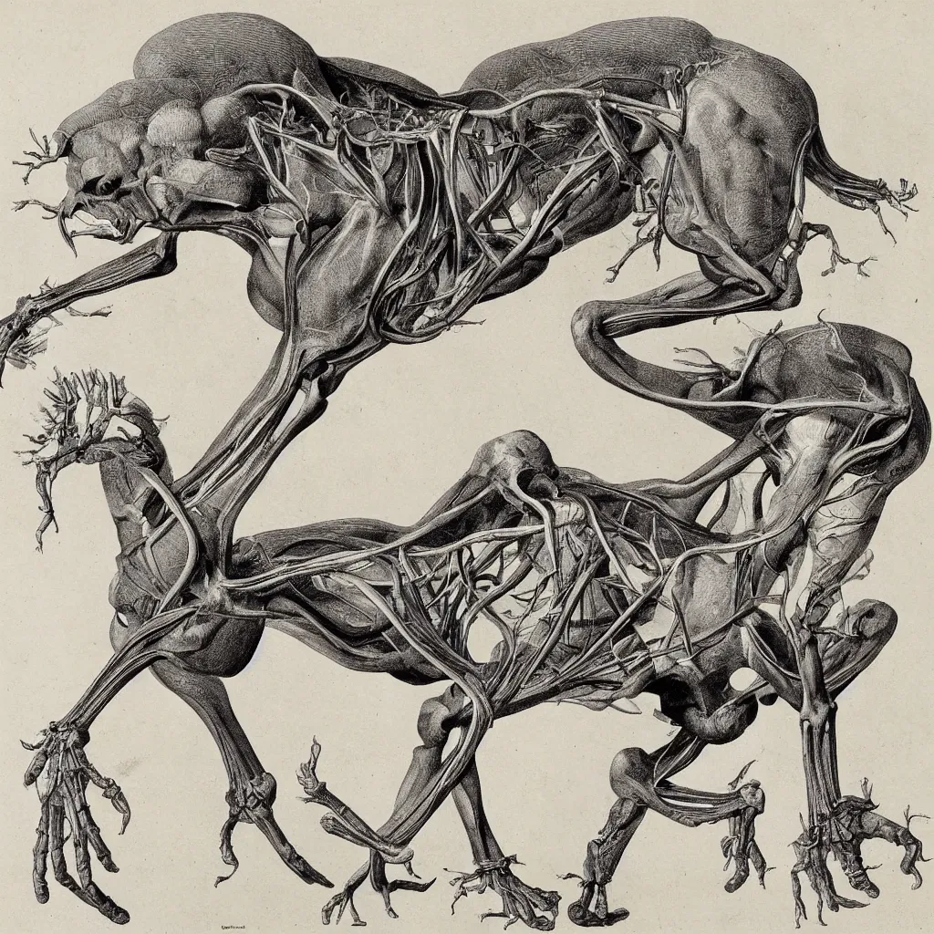 Prompt: anatomical engraving of an unknown specie, anatomical study of animal hybrids from another universe