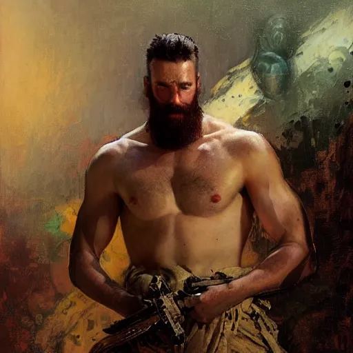 Image similar to handsome portrait of a young hairy guy fitness posing, war hero, lanky, radiant light, caustics, reflective, by gaston bussiere, bayard wu, greg rutkowski, giger, maxim verehin