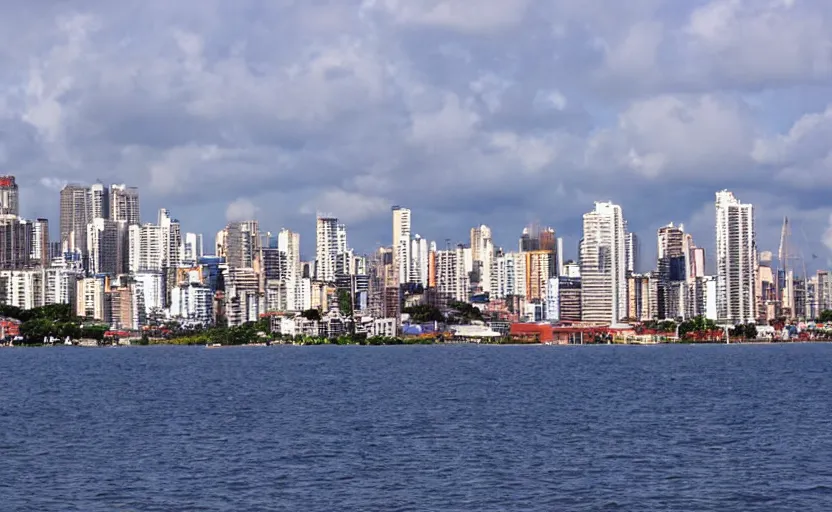 Prompt: skyline of latin american city viewed from the sea