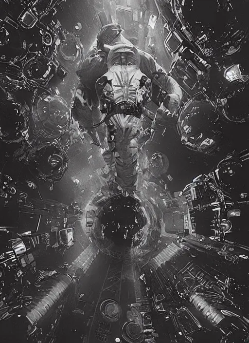 Image similar to astronauts in dark and empty void underwater - complex and hyperdetailed technical suit. reflection and dispersion materials. rays and dispersion of light. volumetric light. 5 0 mm, f / 3 2. noise film photo. flash photography. ultra realistic, wide angle. poster by wayne barlowe, hajime sorayama aaron horkey, craig mullins