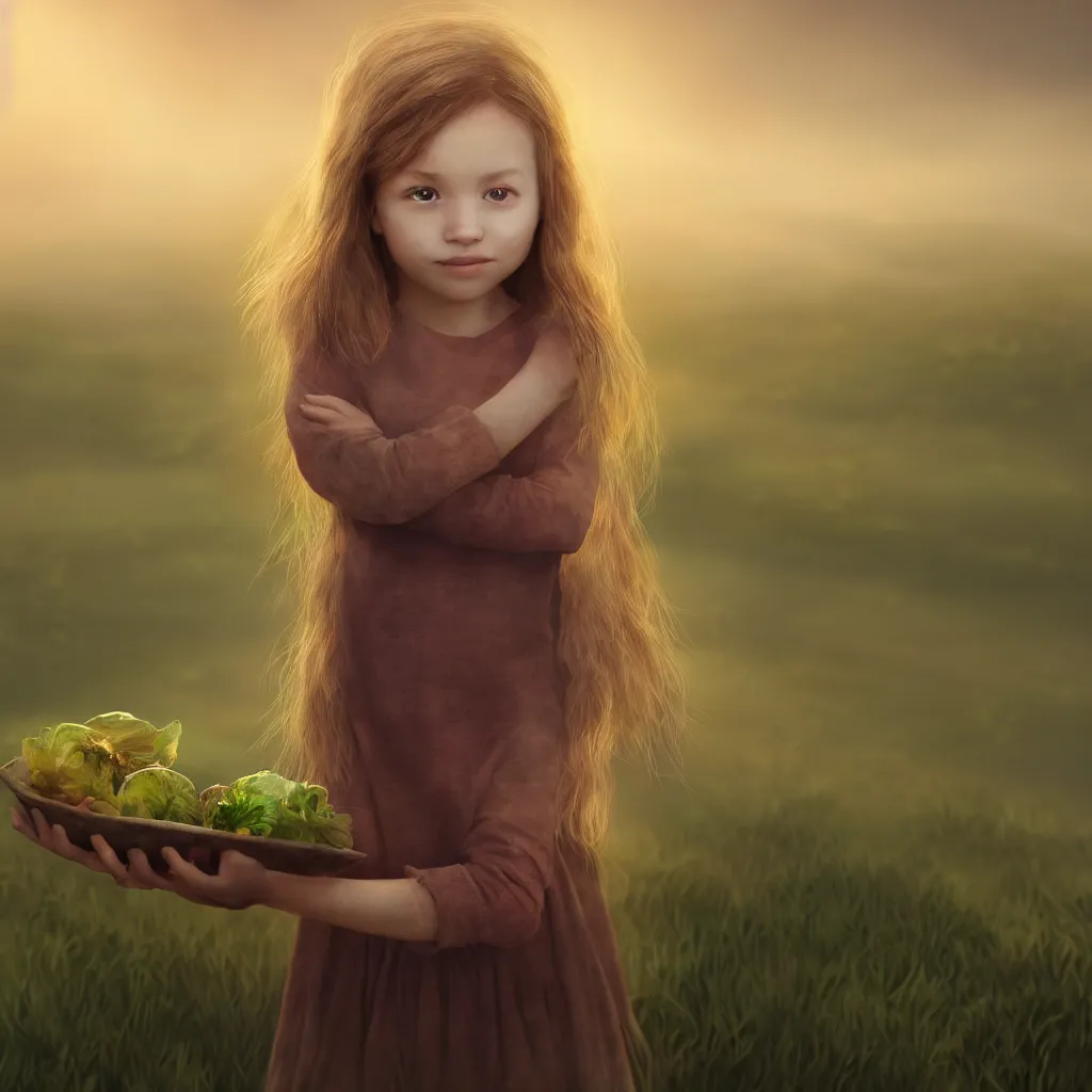 Prompt: Beautiful aesthetically pleasing single female child portrait, centered portrait, Confident holding vegetables, lush farm lands, fog, volumetric lighting beautiful, golden hour, sharp focus, ultra detailed, conceptartworld, Dr Zeuscomic art