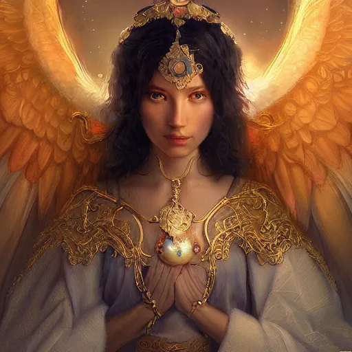 Image similar to A beautiful digital painting of a female Seraphim full of jewels, princess, the moon behind her, intricate, cinematic lighting, highly detailed, digital painting, Artstation, concept art, smooth, sharp focus, illustration, art by Tom Bagshaw, Artgerm and Greg Rutkowski