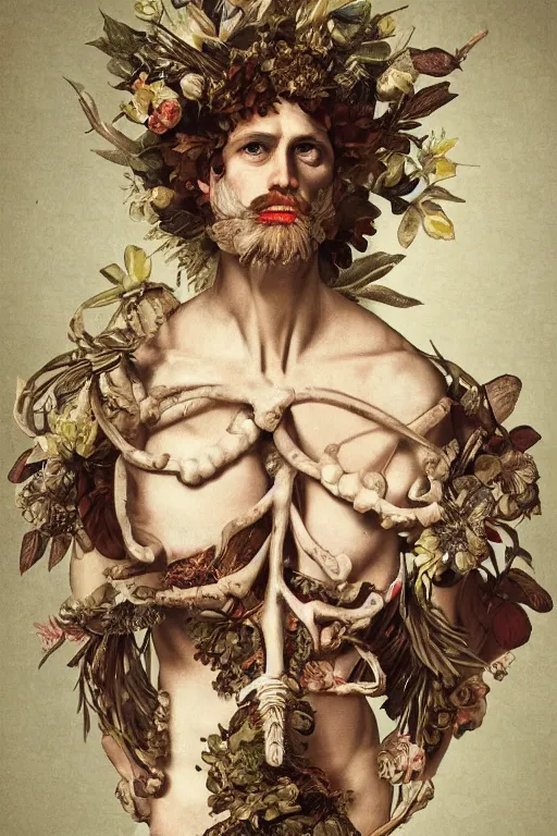 Image similar to Detailed maximalist portrait a Greek god with large lips and with large white eyes, exasperated expression, botany bones, HD mixed media, 3D collage, highly detailed and intricate, surreal illustration in the style of Caravaggio, dark art, baroque