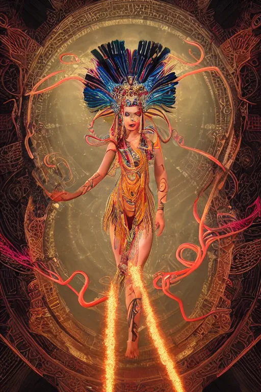 Image similar to an immaculate render of a dancing aztek goddess adorned with leaves and cables and bird wings parts, dancing in a temple surrounded by wild tentacles made from mandalas and incense smoke, full body, perfect face, powerful, cinematic, beautifully lit, by artgerm, by karol bak, 3 d, trending on artstation, octane render, 8 k