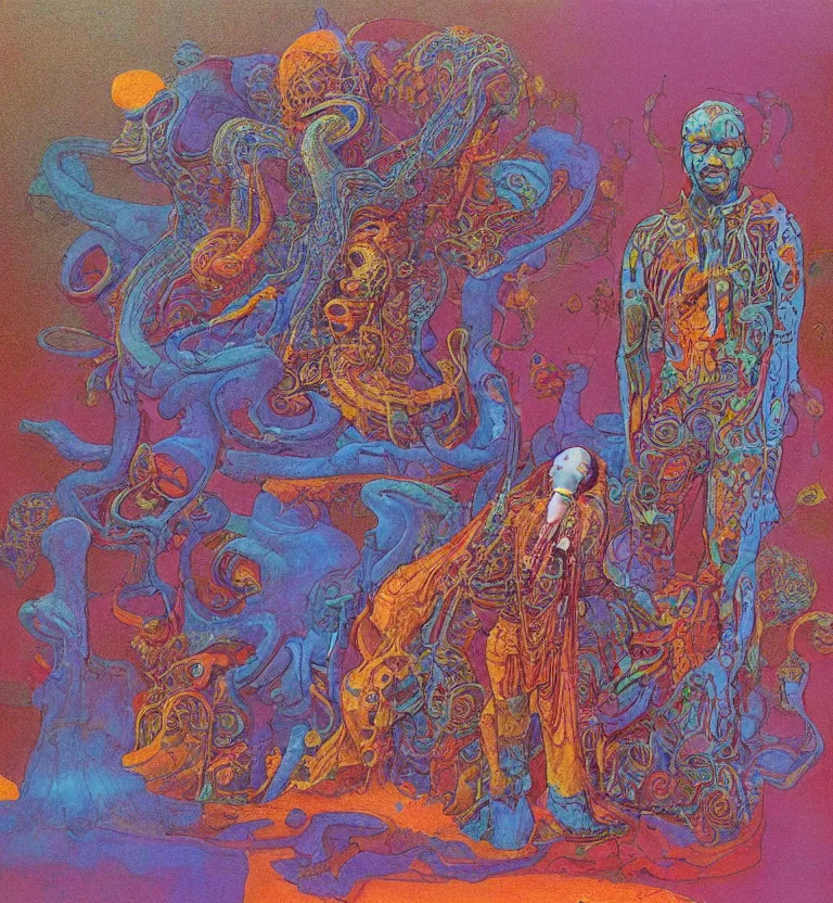 Image similar to colourful biomorphic temple, jimi hendrix full body, by moebius and giger and james jean and beksinski, 8 k