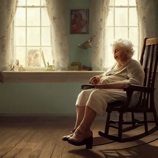 Image similar to epic cinematic hyperrealism masterpiece where a very old woman appears sitting on a rocking chair hugging a 3 year old girl both are white. realistic poster with shaded lighting by craig mallismo, artgerm, jeremy lipkin and michael garmash, unreal engine, radiant light, detailed and complex environment, digital art, art station trends