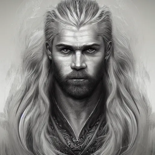 Image similar to Magnificent portrait of a Nordic God father with white hair, fantasy, medieval, highly detailed, Artstation