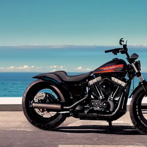 Prompt: a harley davidson from 2050 parked by the ocean with dragons