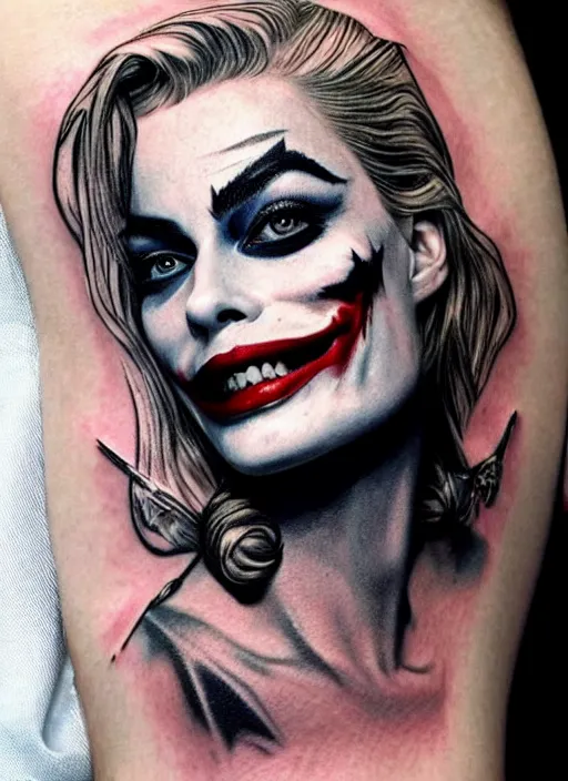 Image similar to tattoo design of margot robbie with joker makeup, ace card, in the style of da ink, realistic face, black and white, realism tattoo, hyper realistic, highly detailed