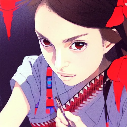 Image similar to a beautiful! boyish! natalie portman alluring gravure! model, wearing japanese school girl outfit with mayan pattern and native style, aztec street fashion, gapmoe yandere grimdark, trending on pixiv fanbox, painted by greg rutkowski makoto shinkai takashi takeuchi studio ghibli, akihiko yoshida