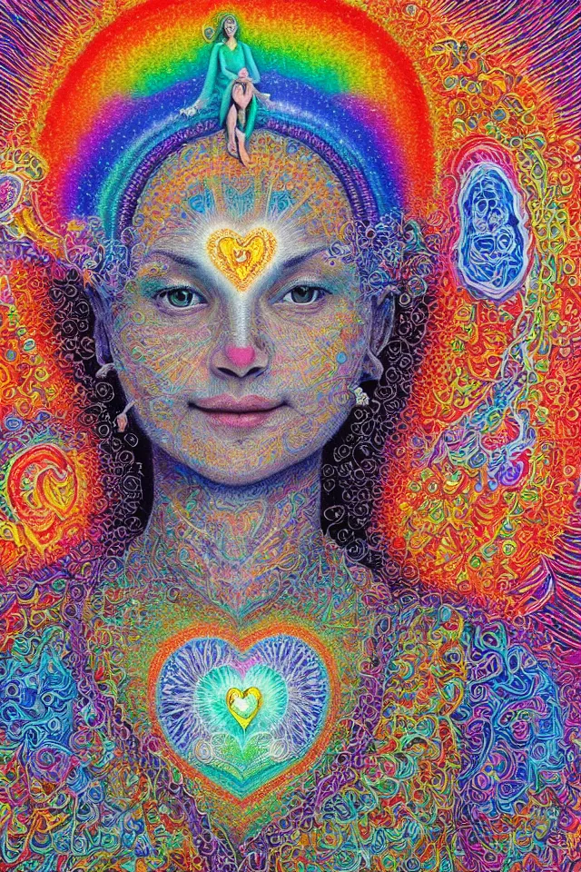 Prompt: a happy beautiful wise spirit goddess in the shape of a heart, meditation, 3 2 k resolution, good vibes, perfect lighting, billions of details, made out of small cubes of love, pointillism, fabric embroidery, stunning artwork, android jones, chris dyer, alex grey, trending on artstation, award winner