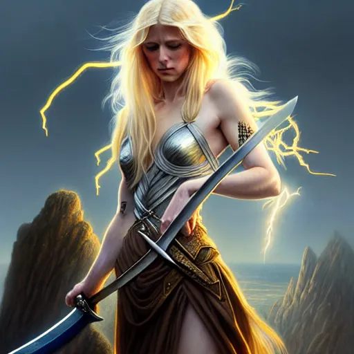 Prompt: A epic fantasy portrait of a blond woman, holding a sword, standing on a cliff, castle setting, horror movie lightning, intricate, elegant, highly detailed, digital painting, artstation, concept art, matte, sharp focus, illustration, art by Artgerm and Greg Rutkowski and Alphonse Mucha