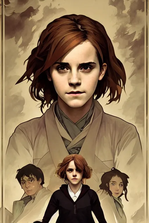 Image similar to Poster artwork, Emma Watson as Hermione Granger, medium shot, details, sharp focus, illustration, by Jordan Grimmer and Alphonse Mucha and greg rutkowski and PiNe(パイネ) and 薯子Imoko and 香川悠作 and maya takamura, intricate, beautiful, Trending artstation, pixiv, digital Art