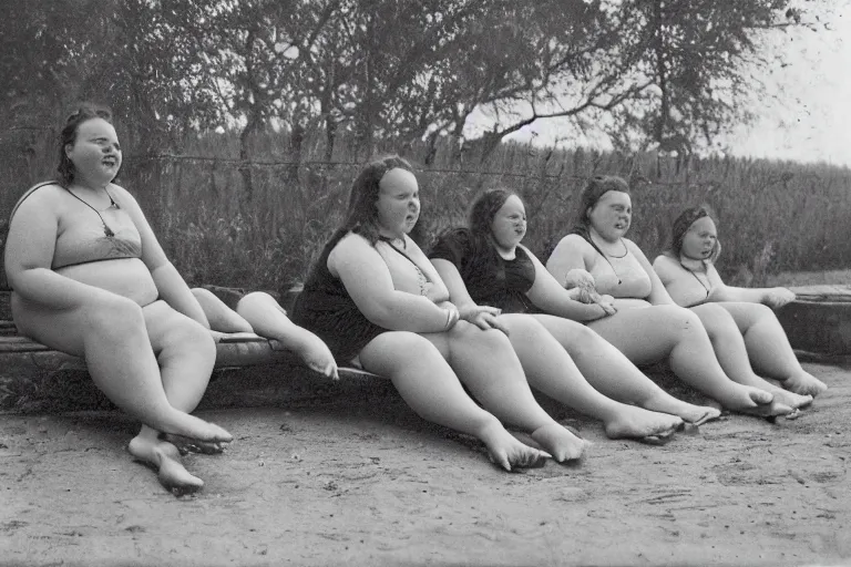 Prompt: some slightly overweight girls on a row resting, with their feet up, outside, 8k,