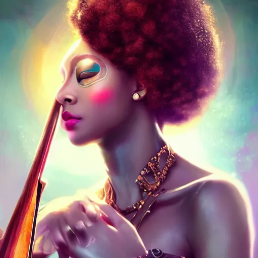 Image similar to the portrait, masked beautiful swahili female violinist, exotic costumes, gold jewelry, black curly afro hair, ultra realistic, illustration by wenjun lin, irakli nadar, bright colors, octopath traveler, wenjun lin, unreal engine 5 highly rendered, global illumination, radiant light, detailed and intricate environment