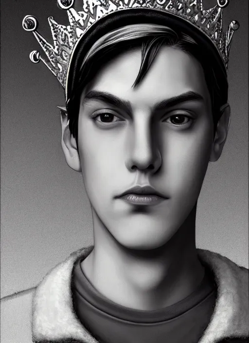 Image similar to portrait of teenage jughead jones wearing a light grey crown, photorealistic, crown made of fabric, crown with pin badges, crown with pins, crown made of felt, black hair, intricate, elegant, highly detailed, digital painting, glowing lights, artstation, concept art, smooth, sharp focus, illustration, art by wlop, mars ravelo and greg rutkowski