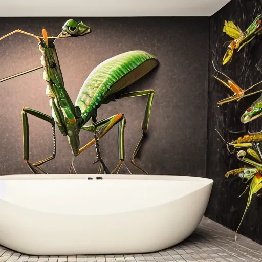 Prompt: cinematic photo of a giant taxidermized praying mantis in a bathtub