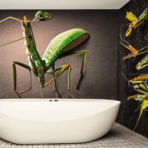 Image similar to cinematic photo of a giant taxidermized praying mantis in a bathtub