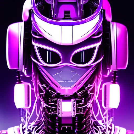 Image similar to Head of a robot with purple glowing eyes in cyberpunk neon Tokyo in style of Tsutomu Nihei. Cyberpunk, vertical symmetry, 8K, Highly Detailed, Intricate.