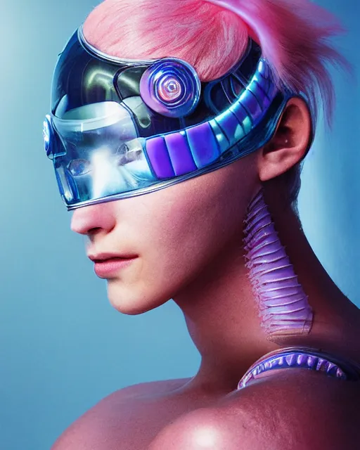 Image similar to natural light, soft focus portrait of a cyberpunk anthropomorphic orca with soft synthetic pink skin, blue bioluminescent plastics, smooth shiny metal, elaborate ornate head piece, piercings, skin textures, by annie leibovitz, paul lehr