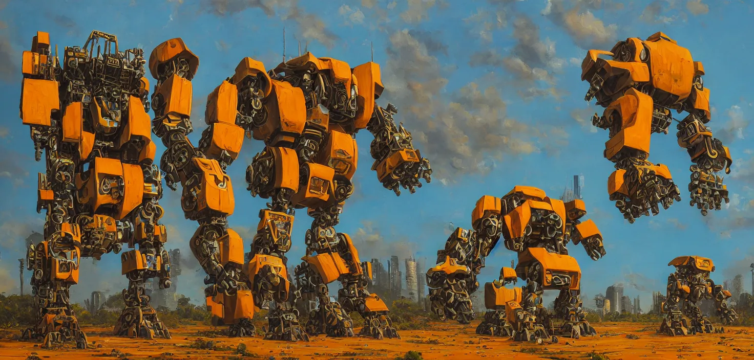 Prompt: an intricate oil painting of a giant south african armored gorilla shaped scrap metal mecha by simon stalenhag, yellow, orange and cyan paint decals