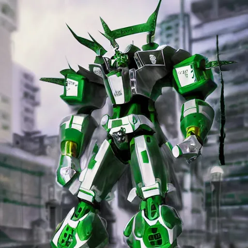 Prompt: miniature saudi samurai mecha, green and white, full body mecha suit, epic urban battle, Murata Yasushi Nirasawa Style, beautiful aesthetic, photorealistic, volumetric lighting, hyperrealistic, octane render, HDR, Production IG Studios Anime Style