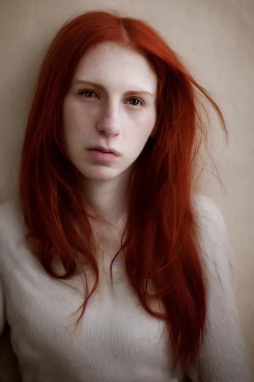 Prompt: face portrait, white woman, 22 years old, thin, center parting straight red hair, snub nose, small lips, in the morning, ambient light, by Annie Leibovitz, f/1.4