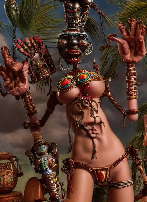 Image similar to highly detailed closeup, portrait of a tin toy voodoo priestess bikini, unreal engine, nicoletta ceccoli, mark ryden, earl norem, lostfish, global illumination, detailed and intricate environment