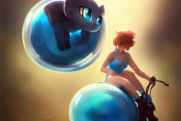 Image similar to cinematic portrait of cute Mew riding large blue bubble, oil on canvas, masterpiece, trending on artstation, featured on pixiv, cinematic composition, dramatic pose, beautiful lighting, sharp, details, hyper-detailed, HD, HDR, 4K, 8K