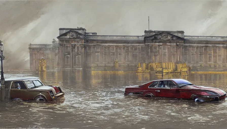 Image similar to A detailed render of a post apocalyptic scene of Buckingham palace in London ruined and devastated by flooding, broken down rusty london buses in flood water, sci-fi concept art, by Syd Mead, highly detailed, oil on canvas