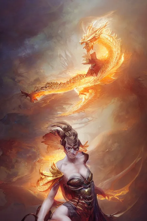 Image similar to beautiful girl sorcerer transforming into fire and golden dragon skin, casting magic spell, angel, fantasy, magic the gathering, hyper detailed, 3 d render, hyper realistic detailed portrait, peter mohrbacher, wlop, ruan jia, luis royo