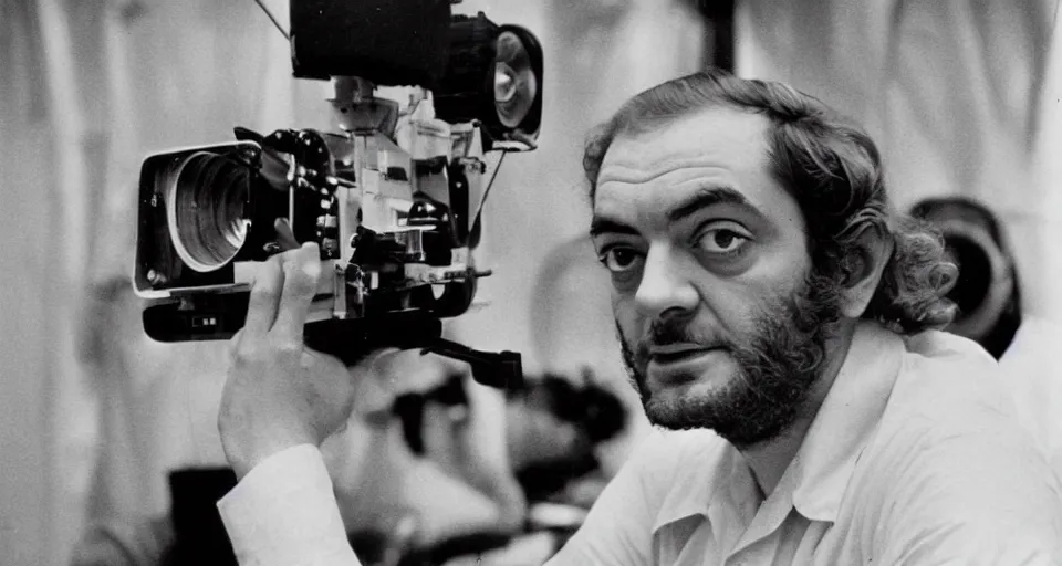 Image similar to a 1960s portrait photo of Stanley Kubrick on a movie set of the moon, 8K HD, old photo, highly detailed