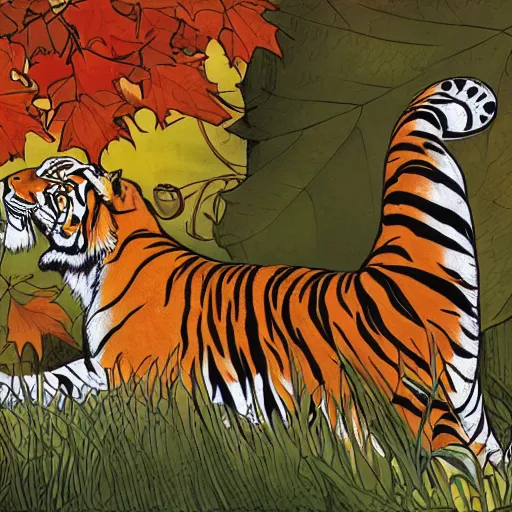 Image similar to a highly detailed cartoon tiger waving a leaf fan, autumn leaves on the ground, concise lines, ultradetailed environment, sharp focus, cinematic lighting, by alphonse maria mucha and kim jung gi