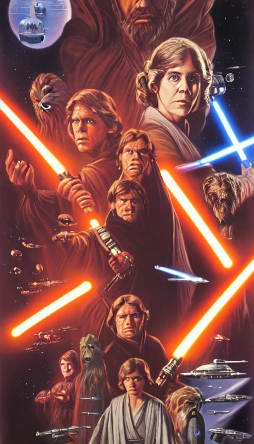 Prompt: poster artwork for the lost jedi star wars unreleased film from 1 9 8 6 featuring portraits luke skywalker, princess leia and han solo montage, an evil female sith lord looms in the background, planets and space battle, moody painting by drew struzan, beautiful backlit, epic award winning, artstation, extremely detailed, photorealistic, 4 k