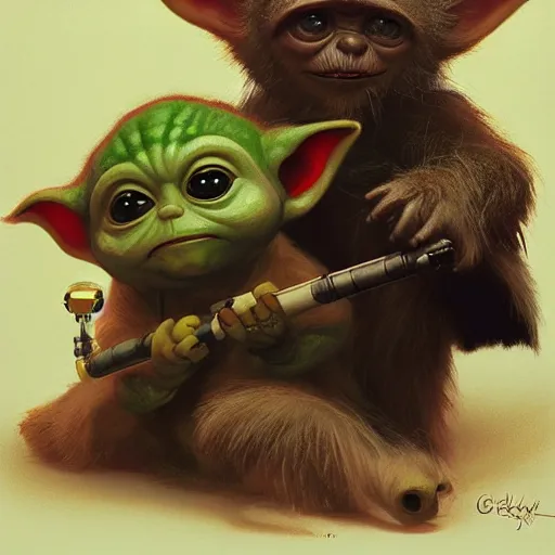 Image similar to Cheburashka and Baby Yoda holding lightsabers, digital painting, artstation, concept art, sharp focus, illustration, art by greg rutkowski and alphonse mucha