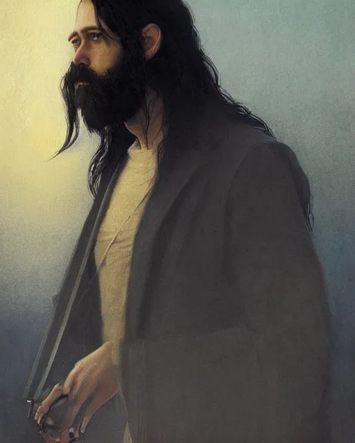 Image similar to portrait of a man with long black hair and beard holding a bird, full moon in the background, fine portrait, beautiful, concept art, by greg rutkowski, by jean delville