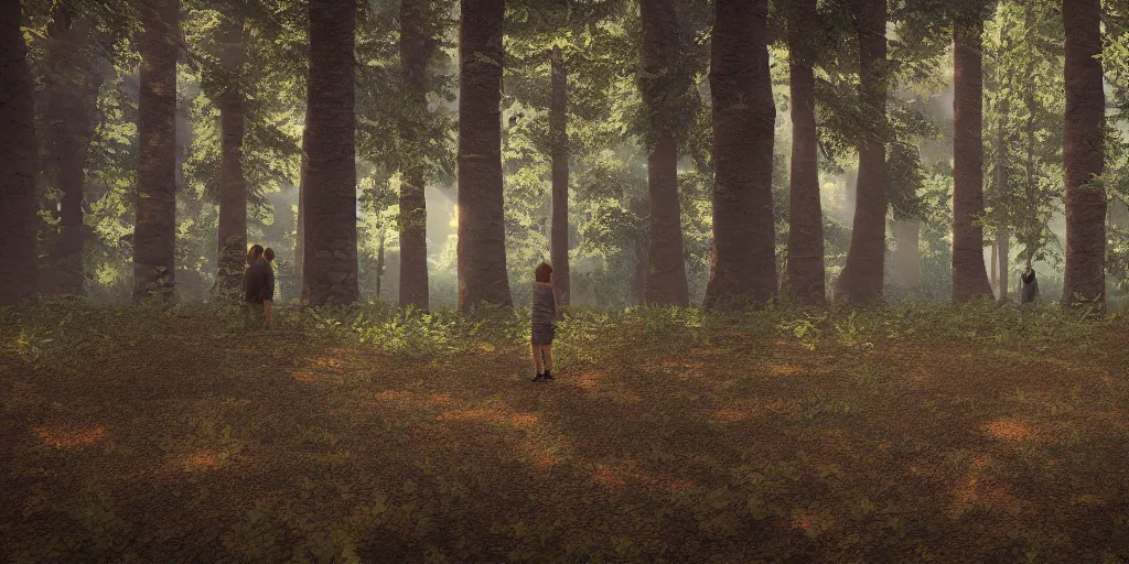 Image similar to An introvert numbed in the forest, wide shot, HD, highly detailed, Blender Render