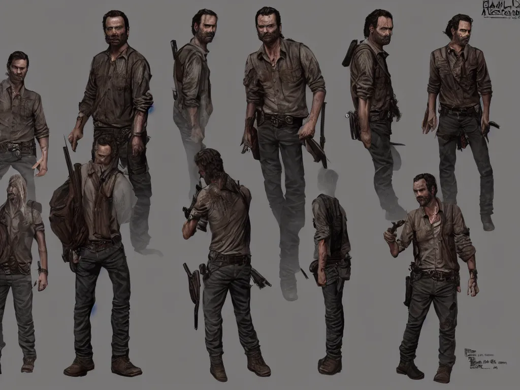 Image similar to character design sheet, rick grimes, the walking dead, fantasy, medieval, vivid colors, concept art, sharp focus, digital art, Hyper-realistic, 4K, Unreal Engine, Highly Detailed, HD, Dramatic Lighting by Brom, trending on Artstation