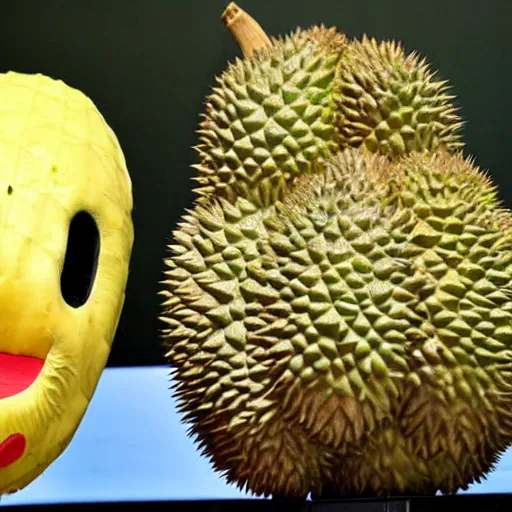 Image similar to anthropomorphic durian on stage, singing