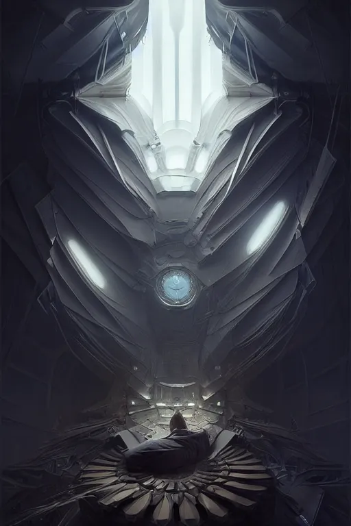 Image similar to professional concept art portrait of a ominous floating mechanical fractal species in a dark room by artgerm and greg rutkowski. cubism, an intricate, elegant, highly detailed digital painting, concept art, smooth, sharp focus, illustration, in the style of cam sykes.